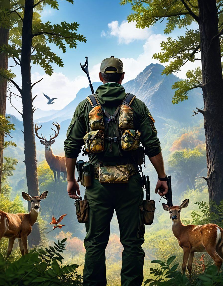 A dynamic wilderness scene illustrating a hunter in camouflage gear, surrounded by essential hunting equipment like binoculars, a compass, and a safety harness. Include vibrant wildlife in the background, such as deer and birds, to evoke a thrilling outdoor experience. The image should capture the essence of adventure and safety in hunting. super-realistic. vibrant colors. nature background.