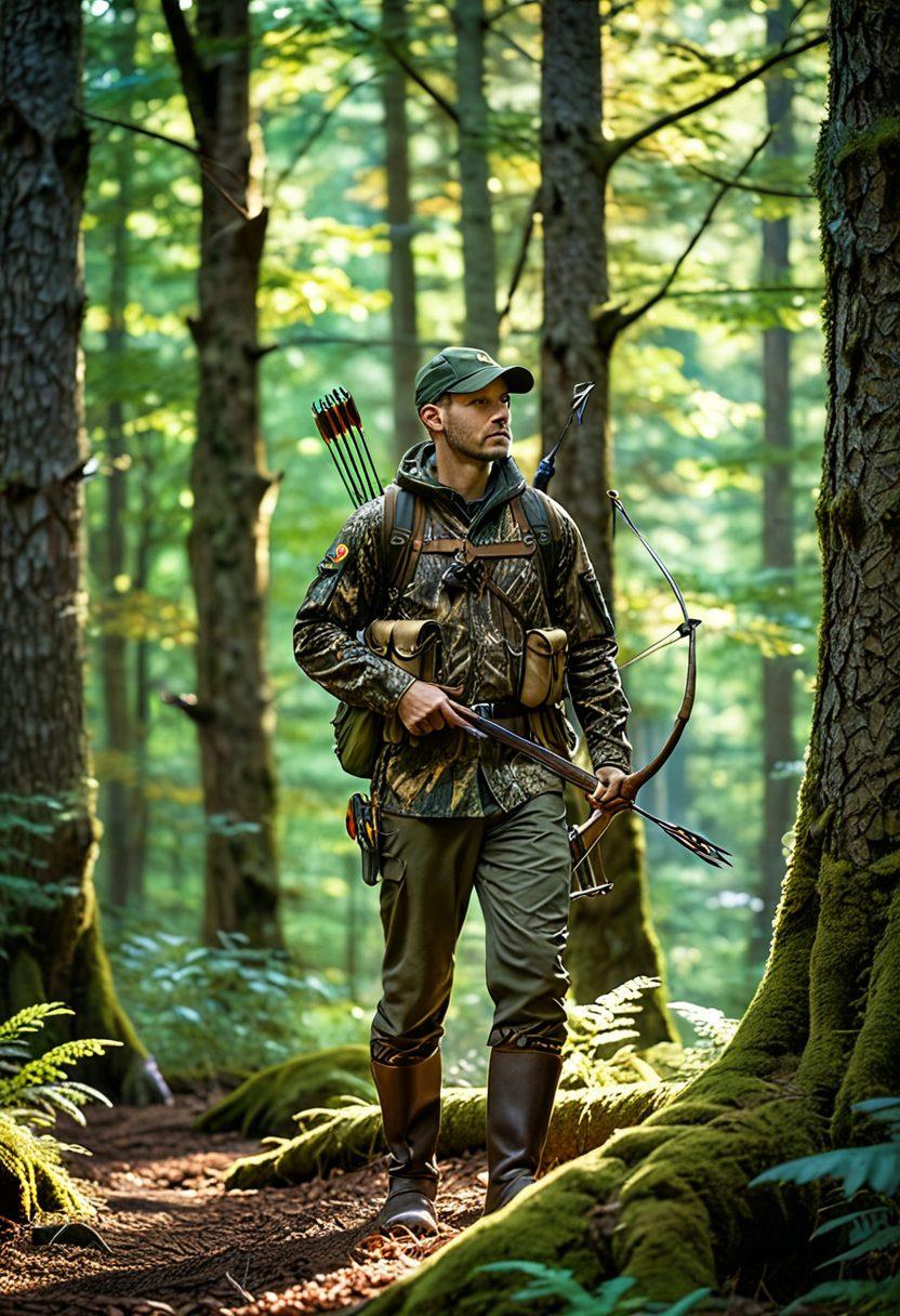 A skilled hunter poised in a lush forest, wearing camouflaged gear and holding a bow with arrows in the background, surrounded by scenic wildlife such as deer and birds. Natural sunlight filtering through the trees creates a serene yet focused atmosphere. Include essential hunting tools elegantly arranged nearby, like a knife and compass. super-realistic. vibrant colors. nature-inspired.