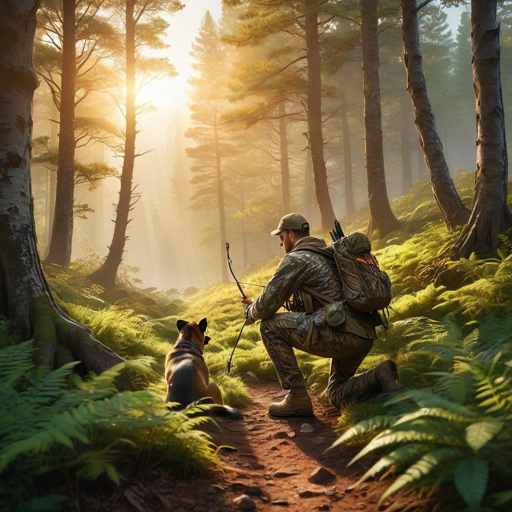 An adventurous scene depicting a hunter in camouflage gear gently drawing a bow, surrounded by lush green forests and distant mountains. Nearby, a wise-looking tracking dog eagerly follows footprints in the soil, capturing the essence of game tracking. Soft sunlight filters through the leaves, creating a warm and inviting atmosphere. The scene conveys a sense of excitement and exploration in the great outdoors. super-realistic. vibrant colors. natural setting.